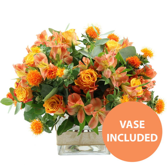 A richly detailed floral arrangement in glowing oranges and sunny yellows is centred against a spotless white background, creating a striking, gallery-style presentation reminiscent of the light-filled studios around Clerkenwell Road. The main focus is a cluster of sumptuous orange roses, several blooms fully open to reveal their layered, velvety petals, with some petals fading delicately into yellow near the heart of the flower. Intermixed are golden yellow garden roses, their tightly layered petals creating a soft, cushion-like texture that invites attention. Weaving between these focal blooms, clusters of peach and light orange alstroemeria add movement and airiness; each trumpet-shaped flower bears the distinctive inner markings of fine stripes and speckles, giving the impression of hand-painted details. Adding a bold, tactile accent are small, round, spiky orange flowers, similar to safflower or thistle heads, their bristling structure standing proud above the smoother petals and creating a dynamic interplay of forms. Around and beneath the flowers, generous sprays of greenery spill outward, including broad, silvery-green eucalyptus leaves and deeper green foliage that frame the brighter tones much like the mature trees edging Spa Fields. The bouquet is anchored in a clear, square glass vase, the straight sides revealing the neatly arranged stems and crystal-clear water, emphasising freshness and professional craftsmanship. Wrapped around the centre of the vase is a band of natural beige burlap or jute, its woven fibres adding a rustic, tactile contrast to the sleek glass. In the bottom right corner, an eye-catching circular orange graphic carries the words VASE INCLUDED in bold white capitals, clearly signalling that the container forms part of the gift. The overall composition suggests warmth, celebration, and thoughtful design, perfect as a centrepiece for a Clerkenwell loft, office reception, or intimate dinner table.