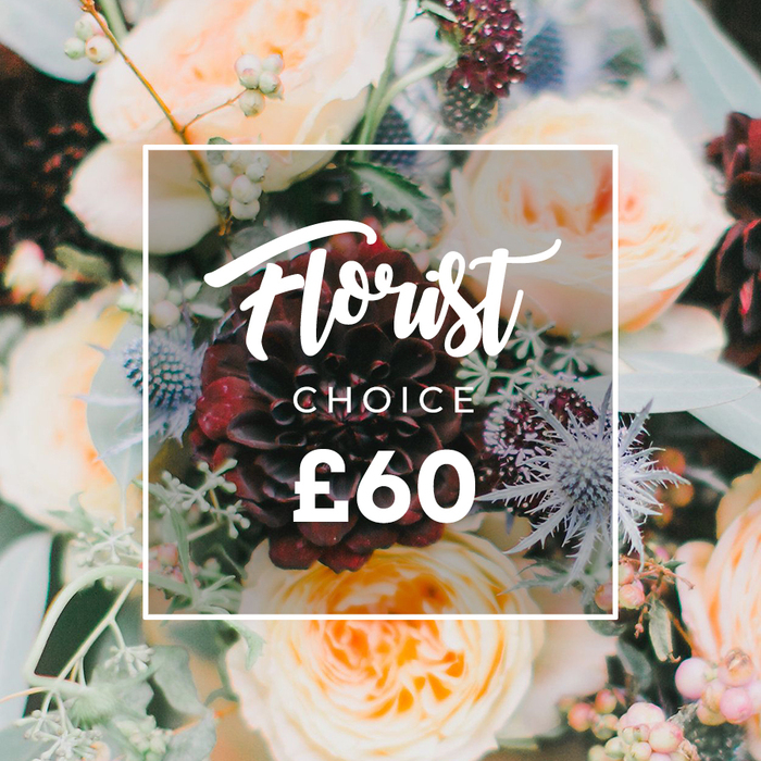 Viewed closely, this bouquet presents itself as an exercise in refined contrast and tactile richness. At the centre a deep burgundy dahlia commands attention with dense, velvety petals that curl inward like a dark jewel; circling this anchor are luxurious garden roses in cream, soft peach and pale apricot, their ruffled petals creating a timeless, romantic volume. Scattered through the arrangement are silver-blue eryngium thistles - their spiky, sculptural texture introduces a cool, contemporary edge - and small clusters of pale green or off-white hypericum berries that catch light with a soft sheen. A selection of eucalyptus and mixed greens - some with a frosted blue-green tone, others smoother and darker - weave between stems to give movement, scent and a naturalistic silhouette. The photographer's lighting is subtle and flattering, accentuating the velvet of the dahlia and the translucent layers of the roses so the whole bouquet reads as both abundant and carefully composed. Overlaid centrally is a simple white square frame with gently rounded corners; inside that frame white typography presents a flowing Florist script, the word CHOICE in neat uppercase beneath it, and the price ?60 in bold sans-serif - the pale frame and text float crisply above the darker blooms. This arrangement suggests the assured hand of a designer's selection: suitable for weddings, anniversaries or a considered sympathy bouquet, and practical for delivery around Clerkenwell and nearby Leather Lane where local customers often choose florist-curated bouquets for immediate presentation.