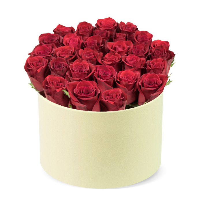 Calm and confident, this stunning arrangement features approximately two dozen or more deep red roses, their heads velvety and true, densely packed inside a round, pale cream box with a matte finish. The container's soft ivory tone provides a gentle backdrop that makes the roses glow, while dark green foliage weaves through the blooms for a touch of forest freshness. The composition fills the cylindrical box completely, forming a lush dome that rises slightly above the rim, captured from a slightly elevated three-quarter angle against a pure white background. The air around the bouquet feels intimate and celebratory, as if whispered promises and heartfelt gratitude were being delivered in one elegant package. Its classic romance makes it ideal for anniversaries, Valentine's Day, or a luxury gift to someone in Clerkenwell, with deliveries extending through nearby streets including Hatton Garden and Farringdon. A product of careful hands and local know-how, this rose box embodies the precision and warmth that Clerkenwell Flowers stands for, turning a simple bouquet into a memorable moment that can brighten a home or an occasion.