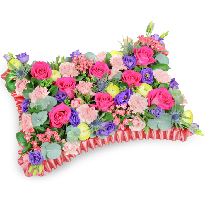 Viewed from a modestly elevated oblique angle against a stark white background, this pillow-shaped memorial arrangement is densely constructed to read as both a floral object and a personal gesture. The dominant element is a chorus of hot pink roses-some compact and budlike, others gently unfurled-whose velvety surfaces create a warm, tactile field. Nestled between them, pale pink carnations provide a soft, ruffled counterpoint that enriches the texture of the top plane. Bright, lemon-yellow ranunculus appear as sunny punctuation marks that lift the palette, while deep purple lisianthus lends shadowed, bell-like depth that prevents the composition from feeling flat. Silver-blue eryngium thistles thrust through the softness with a distinct, spiky architecture, introducing a restrained wildness that feels honest and unpretentious. The foliage-rounded eucalyptus leaves with their subtle silvery bloom and darker green fillers-sits low, supporting the blooms and offering cool, aromatic relief. The entire cushion is bounded by a deep red, pleated satin ribbon that forms a ruffled frame, its sheen catching the light and defining the rectangle like a keepsake box. The lighting is soft and even, accentuating petal detail and the subtle perfume of eucalyptus rather than dramatic shadow. Practical in its dignity, this arrangement would be appropriate for a memorial at a local chapel near Clerkenwell Green or placed beside a programme at a funeral service, conveying remembrance with colour rather than solemnity.