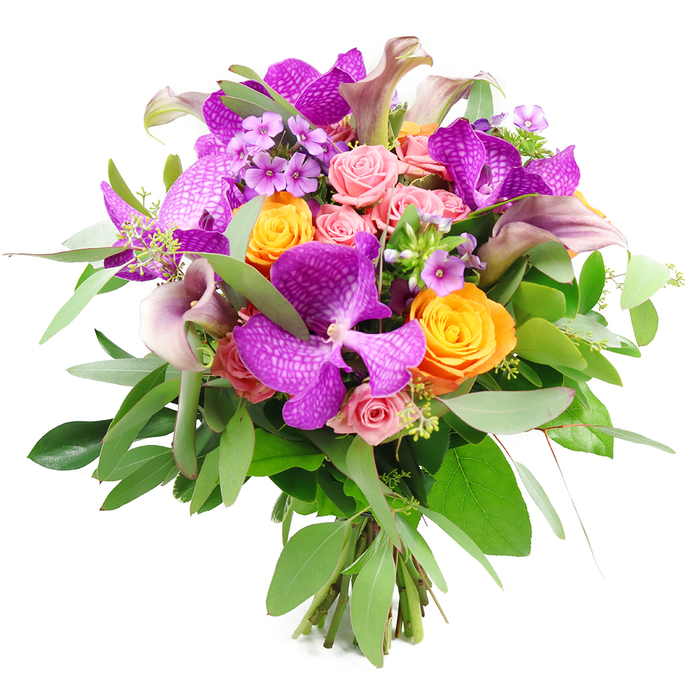 This meticulously composed bouquet appears almost to float against a bright white background, every bloom carefully placed to create a lush, rounded dome of colour reminiscent of Clerkenwell's creative energy. Dominating the visual centre are several large Vanda orchids in radiant fuchsia-purple, their distinctive netted and speckled petals spreading wide like butterfly wings, introducing a sense of luxury and drama. Closely woven around them, clusters of vivid orange roses form compact, spiralled rosettes, their saturated tangerine petals infusing the arrangement with warmth and vibrant optimism. Soft blush and pastel pink roses, ranging from tightly wrapped buds to gently opening flowers, are threaded between the bolder tones, adding a romantic, cloud-like softness that softens the stronger colours. Rising through this tapestry of rounded blooms, elongated calla lilies in muted mauve and dusky plum arc gracefully upwards, their sleek, trumpet-shaped forms giving the design a sculptural, contemporary edge. The entire bouquet is anchored by a rich foundation of foliage, where slender, silvery eucalyptus stems mingle with deeper green leaves to create a cool, fragrant base that enhances the brightness of the flowers. Tiny star-like lavender filler flowers and airy green sprigs peek through the larger heads, adding intricate detail that draws the eye across the whole composition. At the base, the fresh stems are visible and neatly bound, signalling a professionally hand-tied creation likely prepared by an experienced florist serving homes and studios around Clerkenwell, Farringdon, and nearby Smithfield. The overall effect is one of opulence and thoughtful design, ideal for marking landmark celebrations, styling an elegant city apartment, or illustrating the artistry of premium floral work in this historic yet modern London neighbourhood.