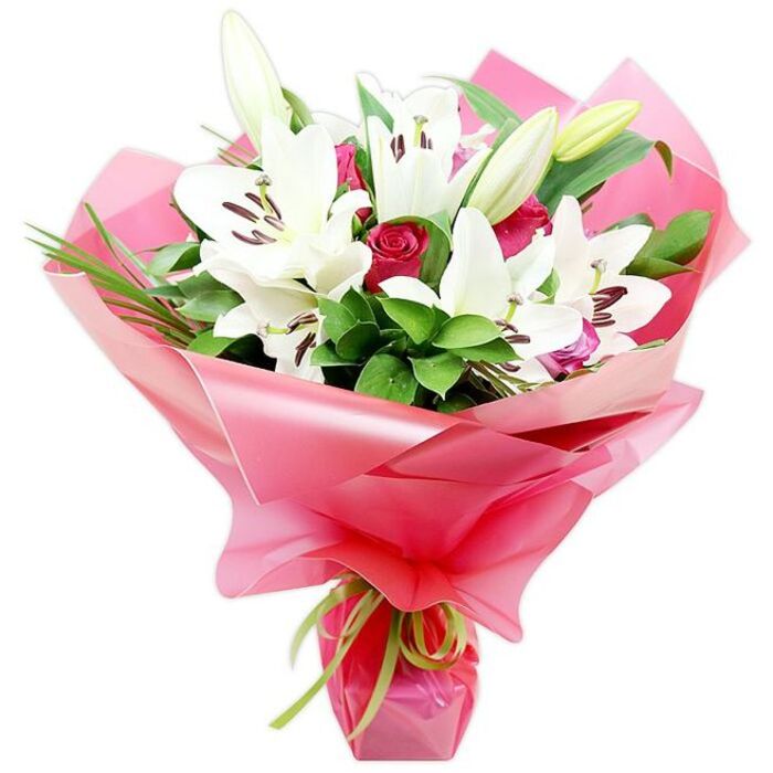 An artfully composed bouquet of white Oriental lilies and deep red roses takes centre stage against a pure white background, highlighting every nuance of form, colour, and texture. Large white lilies are the stars of the arrangement, some fully opened into broad, trumpet-shaped blooms, others half-unfurled so their petals cup gently around the central stamens. The anthers are a deep reddish-brown, almost ink-dark at the tips, dusted with pollen that contrasts vividly against the immaculate white petals. Nestled between these striking lilies are clusters of red roses at varying stages of opening, from tightly wrapped buds to blooms just beginning to soften and reveal their inner whorls, each petal with a velvety sheen that suggests richness and romance. Surrounding the flowers, layers of lush, dark green foliage add both volume and structure, with wide, glossy leaves interlaced with slender, grass-like strands that arc and twist, creating a sense of natural movement as though the bouquet had been freshly gathered. All of this is cradled in bright pink, semi-translucent wrapping that folds and billows around the stems in soft, undulating waves, catching hints of reflected light and lending a festive, almost celebratory glow. At the base, a neat lime green ribbon is tied snugly, its narrow satin tails trailing slightly and echoing the tones of the leaves. The composition feels perfect for a romantic gesture, a thank-you gift, or a celebratory bouquet delivered to a Clerkenwell flat overlooking Spa Fields, combining classic elegance with a contemporary splash of colour that reflects the creative energy of the neighbourhood.