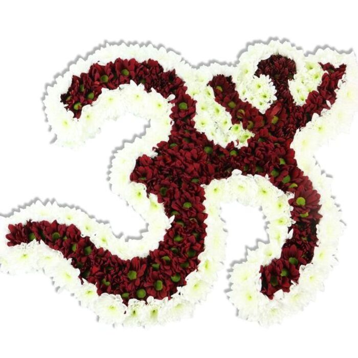 A meticulously fashioned floral Om (Aum) symbol appears against a stark white background, its iconic Sanskrit silhouette rendered in tight clusters of deep maroon-to-burgundy chrysanthemum-like pompons. Each small red bloom shows a pale lime-green centre that punctuates the dark field with tiny glints of life. Surrounding and defining the symbol is a thick, flowing border of immaculate white spray chrysanthemums; this white outline winds through the loops and negative spaces, sharpening the Om's curves and creating a clear, reverent contrast. A subtle drop shadow beneath the work reinforces its three-dimensional, hand-assembled presence and draws attention to the sculptural care of its construction.
Tactile detail matters here: the maroon pompons form a plush, velvety surface while the white sprays read as light and feathery, together producing a composed texture that invites close looking. The lighting is soft and even, bringing out the depth of the burgundy tones without flattening the delicate lime centres. There is a hushed, earthy aroma suggested by the chrysanthemums, lending the piece a calming, contemplative character suited to devotional settings.
As created by a Clerkenwell florist familiar with the area from St John Street to Spa Fields, this arrangement-offered for local ceremonies and quiet memorials across Clerkenwell and neighbouring Farringdon-serves as a dignified tribute for spiritual gatherings, meditation events, or community commemorations. Crafted with balanced proportion and floral precision by Clerkenwell Flowers, it honours the Om's symbolic resonance with grace and local care.