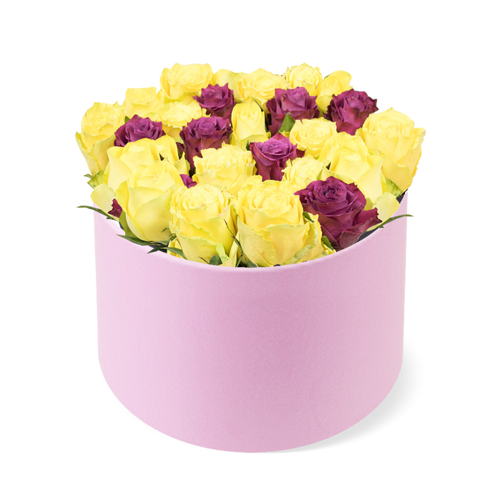 An elegant, modern interpretation presented in a luxurious round pastel pink box with a soft-touch finish, suggesting suede or velvet beneath the fingertips. The box rests on a pristine white background, its gentle curve and generous proportions framing a densely packed centerpiece. The bouquet is dominated by numerous sunny yellow roses, their petals opened with quiet confidence and a glow of optimism. They form a rounded mass that nearly fills the box, leaving a delicate margin around the rim to emphasize abundance without crowding. Interwoven among the yellows are deep burgundy or purple roses, which provide a striking, jewel-like counterpoint and lend depth, sophistication, and romance. Minimal green foliage allows the color story to shine, while the box's smooth, rounded edges and clean finish contribute to a refined, contemporary aesthetic. The image is captured from a slightly elevated angle, revealing the precise rosette spirals of the petals and the careful, sculptural balance that marks true floral artistry. This presentation feels at home in a premium gift guide, a luxury flower delivery selection, or modern interiors-especially for readers in Clerkenwell near Leather Lane Market, Farringdon, or the Barbican-where style and craft meet. Availability for same-day delivery across the area, from Clerkenwell to Holborn, ensures freshness and timely joy for birthdays, anniversaries, or celebrations that deserve elegance.