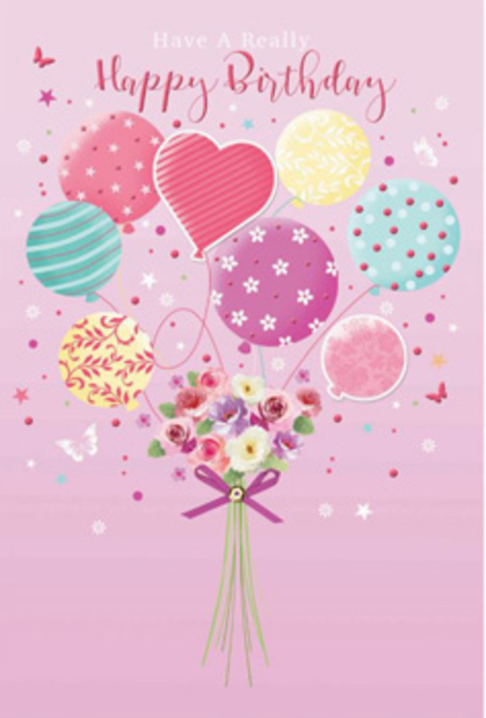 This birthday artwork captures the feeling of light-hearted celebration, as if a tiny party has been suspended mid-air above the streets of Clerkenwell. A blush-pink backdrop stretches calmly behind the scene, giving space for both the balloons and the bouquet to shine. Rising from the centre is a cluster of pastel balloons, each one distinct yet harmoniously arranged, like friends gathered around a birthday table. Some balloons are brushed with pale sunshine yellow, others with rosy fuchsia and lavender, and a few glow in minty teal and soft sea green. Their surfaces show delicate patterns-winding stripes, scattered dots, and subtle floral motifs-that add texture without overwhelming the gentle palette. Fine strings trail downward and appear to be tied around a small, hand-crafted bouquet at the base. The flowers echo the balloons' colours: petite roses shaded from cream to blush, and soft daisy-like blooms that look as if they've opened under morning light. Their petals seem velvety and slightly curved at the edges, capturing that just-picked freshness you might find in bouquets prepared near Clerkenwell Road. Around them, tiny butterflies and star-like accents flutter through the air, hinting at a garden daydream or a terrace party carried upwards on a warm breeze. A slender purple ribbon wraps neatly around the stems, its bow crisp yet playful. The whole composition suggests a gentle jubilation-a quiet, sincere way of saying happy birthday that feels personal, intimate, and lovingly designed, perfect for someone who appreciates whimsical artistry and the romance of fresh flowers.