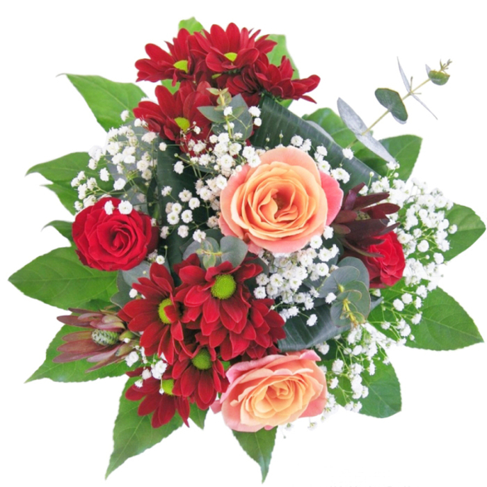 This bouquet captures the imagination with its sophisticated blend of form and chromatic nuance. The vivid, velvety reds of both chrysanthemums and tightly furled roses create a dramatic, passionate focal point, nestled closely around creamy apricot and soft peach roses that bring a sense of tranquil warmth, much like a calm dawn over Clerkenwell Green. Sprigs of delicate white gypsophila cascade throughout the arrangement, reminiscent of pearls scattered upon linen, adding a dreamy, ethereal layer. The entire composition is presented in a pristine, transparent vase-its clarity accentuating the bouquet's fresh-cut stems and lending the arrangement a modern, urban elegance akin to the curated interiors of local design studios. The medley of textures-from smooth rose petals to sturdy greenery, from feathery gypsophila to structured leaves-invites touch as much as sight, awakening the senses. There is an emotional resonance in the bouquet's outward-reaching blooms, all gently pulled together in an embrace, making it the ideal centrepiece for expressing affection, welcoming new beginnings, or gracing a Clerkenwell flat with stylish sentiment. Every element reflects the skill and care of a florist devoted to sharing beauty and warmth, whether for a special event or spontaneous joy.