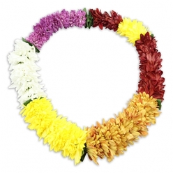 An oval floral lei, inspired by Hawaiian tradition yet perfectly suited to a peaceful London tribute, rests alone on a bright white background, its colours forming a serene, unbroken circle. The garland is crafted from densely packed, chrysanthemum-like blossoms, each head plump with softly frilled petals that give the piece a velvety, cloud-like volume. Beginning at the upper left and flowing clockwise, the colours progress in a gentle rhythm: a deep, velvety purple section moves into clean, snow-white blooms, then into a lively band of lemon and sunny yellow, warm as early light over Clerkenwell Green. This warmth deepens into golden amber tones and finally settles into a rich stretch of maroon and reddish-brown flowers, before brightening once more with a small but luminous section of yellow that completes the loop. Discreet touches of dark green at a few of the joins act like quiet pauses in a melody, giving the eye somewhere to rest between each block of colour. The lei appears to be made from high-quality artificial flowers, each one consistent in size and saturation, offering lasting beauty for memorials, remembrance ceremonies, or to frame a photo of a loved one. A soft, diffused shadow beneath the lei lifts it gently from the white surface, enhancing its sculptural shape. This image carries a feeling of calm respect and gentle celebration, echoing the way many families around Clerkenwell choose flowers that express both love and gratitude at the end of a life well lived.