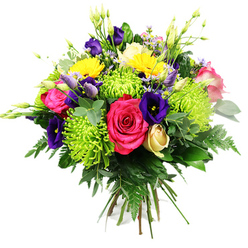 Against a crisp white backdrop, this hand-tied bouquet appears almost suspended, every colour and contour sharply defined, as though freshly arranged on a workbench at Clerkenwell Flowers. In the centre, hot pink roses open in lush, velvety whorls, their intense hue radiating warmth and affectionate energy, ideal for birthdays, anniversaries, or creative celebrations in EC1 offices. Encircling these roses are lime green spider chrysanthemums, their long, slender petals unfurling in playful, spiky bursts that give the bouquet a quirky, modern character reminiscent of Clerkenwell's design fairs and showrooms. Threaded through the green and pink are rich indigo and royal purple lisianthus blooms; some are fully ruffled and open, while others remain elegant buds, adding layers of depth and a sense of time unfolding. Yellow gerbera daisies or similar round, sun-faced blooms are scattered throughout, injecting bright, happy notes that lift the mood like afternoon light spilling across Clerkenwell Green. Nestled discreetly among the larger flowers is a single cream or pale-yellow rosebud, still tightly curled, suggesting gentle tenderness and quiet thoughtfulness. Small clusters of pastel filler flowers in lavender and pink sit low in the arrangement, while slim stems topped with green buds stretch upwards, bringing delicate movement and vertical flow. The bouquet is wrapped in a generous collar of foliage: dark green, glossy leaves, feathery fern fronds, and smooth, rounded stems that may resemble eucalyptus, all adding structure and volume. Neatly gathered stems peek from the bottom, confirming the hand-tied craftsmanship. Overall, the bouquet appears fresh, joyful, and expertly balanced, perfectly suited for same-day delivery to studios, apartments, and offices around Clerkenwell, Farringdon Road, and Old Street.