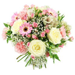 Set against a clean white backdrop, this lush round bouquet feels like a soft floral embrace, the kind you might send to brighten a Clerkenwell studio or a cosy flat near Exmouth Market. Several large cream roses form the calm, elegant centre of the design, their petals unfolding in perfect, velvety layers that speak of classic romance. Dancing around them are clusters of pink spray roses, their smaller buds and half-open blooms bringing a sense of youth and gentle energy, as if the bouquet is quietly waking up to a spring morning. A few bright pink gerbera daisies add a bolder note, their flat, daisy-like petals framing dark central disks that lend the arrangement a playful, contemporary twist fitting for Clerkenwell's creative character. Light pink carnations, softly ruffled and full, give texture and nostalgic charm, reminiscent of traditional English gardens tucked behind old brick terraces. Threads of white gypsophila drift through the flowers like delicate mist, filling the spaces without crowding, while white alstroemeria, marked with subtle stripes and freckles, introduce a graceful, almost painterly detail. Fresh green leaves and stems weave the palette together, grounding the pastels with natural vitality. The stems are gathered neatly at the base, revealing a carefully hand-tied construction that suggests same-day delivery from a trusted local florist to homes and studios around Clerkenwell, Farringdon, and St John Street. This bouquet radiates gentle affection and hope, ideal for welcoming a new baby, marking a quiet anniversary, or offering warm congratulations on a new chapter.