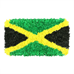 Clerkenwell Flowers presents a bold homage to Jamaica in a three-dimensional tableau that sits against a pure white background with the calm precision of a studio still life. The image is not a flat flag but a densely built mosaic: thousands of tiny, crumpled pieces of tissue, fabric scraps, or recycled wrappers are puckered and pressed close together, forming a tactile surface that one imagines you could trace with a finger. The diagonal saltire glows in shimmering gold, stretching from corner to corner, slicing the field into four triangles. The two upper and lower triangles teem with bright emerald green, their clusters catching light like tropical leaves washed in sun. The left and right triangles present a deep, velvety black, their angles sharpened by the rough edges of the material, creating a strong, grounding contrast. The play of light across the irregular textures makes each wedge appear to rise and fall, giving the flag an almost sculptural rhythm rather than a flat print. It reads as a celebration of resilience, creativity, and cultural pride-an artful interpretation that would suit articles about Jamaica's heritage, music, or community art scenes. For a Clerkenwell audience, the piece echoes the energy of nearby markets around Exmouth, the creative pulse of Farringdon, and the craftspeople who turn scraps into striking statements. It's ideal for display in features about craft, sustainability, and storytelling through colour, and is available for same-day delivery across Clerkenwell and surrounding areas through a trusted local florist network.