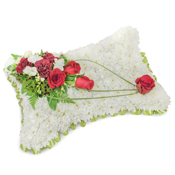 An elegant rectangular memorial pillow, lovingly arranged to express solace and enduring love, rests on a neutral white surface. The pillow's main field is a lush, uninterrupted carpet of small white chrysanthemums whose rounded faces and dense placement create a plush, tactile surface that evokes quiet comfort. Along the slightly raised edge a thin band of pale green ribbon or foliage peeks through, providing a soft outline and a whisper of fresh colour. In the top left corner a vibrant cluster of deep red roses-some tightly furled, others unfolding to show velvety petals-is joined by rich burgundy carnations and sprays of small white freesias, their tiny trumpets adding a delicate brightness. Generous green foliage, from fern-like fronds to broader leaves, anchors the spray and enhances the reds against the white chrysanthemum field. Three slender arcs of bright green bear-grass or similar foliage stretch diagonally across the cushion, creating graceful movement and culminating in a single prominent red rose placed at the lower right; this solitary bloom reads as a symbol of personal remembrance and undiminished love. The scent suggests a subtle freshness rather than overpowering perfume, appropriate for a resting-place tribute. As a seasoned Clerkenwell florist I pictured this piece delivered with care to a chapel near Exmouth Market or set beside a casket at a local church on Farringdon Road; the craftsmanship-balanced, reverent, and understated-reflects neighbourhood sensibilities and the quiet comfort families seek during remembrance.