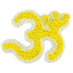A luminous floral Om funeral tribute rests against a pure white backdrop, its sacred curves drawn entirely in fresh yellow and white blossoms. The central form of the Om is densely filled with golden-yellow flowers, their small rounded heads touching so closely that they create a plush, cushion-like surface, reminiscent of marigold garlands often seen in Hindu ceremonies. Encircling every contour, from the broad sweeping curves to the delicate upper accent, a narrow band of bright white flowers traces the symbol with flawless precision, giving it definition and a sense of purity. The clean background and soft studio-style lighting enhance the contrast, making the Om appear almost to glow, as though lit from within by the reverence behind its creation. Each bloom appears newly opened, petals unblemished and full of life, suggesting a tribute prepared that morning in a Clerkenwell workshop near St John Street, ready to be carried gently to a funeral or remembrance service. The arrangement feels still and contemplative, inviting quiet reflection, yet the sunshine-yellow tones add warmth and hope, speaking of the soul's ongoing journey. There are no distractions in the frame-only the symbol itself, confidently occupying the centre, like a visual mantra. This image captures the artistry of a local florist who understands both the cultural importance of Om and the emotional weight of saying goodbye, creating a piece that supports mourning families in Clerkenwell, Finsbury, and the surrounding City with a respectful, spiritually resonant display.