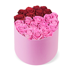 On a bright Clerkenwell morning, this modern romance of roses speaks with quiet confidence. The arrangement sits in a soft pink hatbox, its velvet texture inviting touch, while a crisp white backdrop keeps the color story pure. The top arc of crimson red roses curves into a protective crescent, about a dozen blooms rich with depth, while the larger lower half fills with vivid fuchsia pink roses, lightening the composition with joyful energy. Each bloom is fully opened, petals arranged in layered folds that catch the light and shimmer gently. The overall effect is neat and deliberate: contemporary, elegant, and intimate all at once. The scent is delicate and uplifting, like a spring morning in Clerkenwell's markets. This piece makes a generous gift for birthdays, anniversaries, or celebrations, especially for someone in the Clerkenwell/Farringdon corridor or nearby Exmouth Market. Clerkenwell Flowers delivers this refined gift with care, and same-day delivery is available to addresses across the area, from Holborn to Islington. The box feels premium in hand, the presentation designed to bring a smile before the flowers are even seen up close. A thoughtful note, a small ribbon, and the recipient's first look become the moment we aim to create in this urban bouquet.