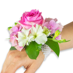 This wristlet reads like a small, elegant portrait: a hot fuchsia-pink rose takes centre stage, its densely packed petals forming a radiant focal point that draws the eye. Nestled beneath and around it, soft blush pink hydrangea florets provide a voluminous, textural base-each little floret catching the light with a satin sheen that makes the cluster feel almost cloudlike. Sprays of white alstroemeria (Peruvian lilies) are woven through the arrangement; their smooth petals and delicate pale green streaking at the centres add crispness and fine botanical detail. To the right, a cheery cluster of light green alstroemeria buds and a couple of nearly closed pink buds suggest quiet movement, as if the corsage might deepen in colour over the course of an evening. Rich emerald leaves provide a glossy frame, giving depth and contrast to the softer hues. The whole piece is attached to the wrist by a graceful multi-strand band of small white pearls that sit snugly against a light-to-medium skin-toned hand and forearm, with the bracelet extending slightly down the back of the hand in a refined cascade. The image is photographed on a clean white background with soft, even lighting that highlights texture and colour without harsh shadows. This corsage evokes gentle romance and poised formality-a choice well suited to wedding parties, proms, or milestone celebrations-and speaks to considered construction and freshness that a local florist preparing pieces for nearby St John Street or Farringdon markets would expect to deliver.