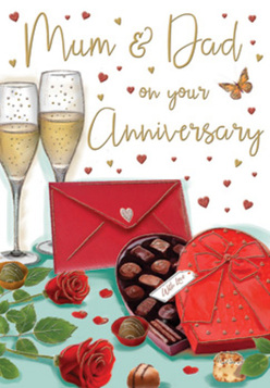 This anniversary card illustration portrays a romantic still life that feels perfectly at home in Clerkenwell, like a celebration after an evening stroll around Spa Fields. Two tall champagne flutes rise gracefully from the centre of the scene, their clear glass filled with golden bubbles that seem to lift the mood of the whole card. To one side sits a heart-shaped box of chocolates, its deep red casing and bold, dramatic bow evoking the indulgence of a special treat saved for a meaningful night in. The lid is open to reveal neat clusters of dark and milk chocolates, each one catching a soft highlight as though lit by nearby candles. Nearby, a pair of red roses rest upon the table, backed by rich green leaves; their petals are lush, layered, and almost touchable, just like the freshest stems brought in daily to local shops around Farringdon and St John's Square. Floating across the background, delicate hearts in shades of crimson and gold surround affectionate words for "Mum & Dad," giving the card a playful, celebratory energy. At the front, a vibrant scarlet envelope lies ready to be opened, suggesting a heartfelt message that matches the emotion of the design. Gentle shimmers of light curve across the glasses and chocolates, bathing everything in a warm, romantic glow. The scene captures the pleasure of pausing together over a glass of fizz and a shared box of chocolates, marking another year of partnership with quiet joy and gratitude.