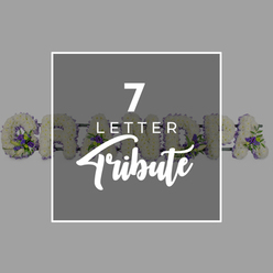 Set against a smooth, mid-grey background, this funeral tribute image is centred on a darker charcoal square bordered by a fine white line, giving the impression of a framed sign. Within this square, white text is carefully laid out: a bold number "7" at the top, the word "LETTER" below in crisp capitals, and the word "Tribute" sweeping underneath in a graceful, handwritten-style script. Half-hidden behind this central graphic, stretching horizontally across the image, is a custom floral arrangement of standing letters that spell "GRANDMA," a tender farewell often seen at services in Clerkenwell churches and crematorium chapels. Each letter is built from a lush carpet of tight-petalled white chrysanthemums or similar funeral flowers, packed closely together so no backing shows through. The surface looks soft, almost cloud-like, offering a feeling of comfort and purity. At intervals along the letters, clusters of vivid purple blooms-perhaps lisianthus, small spray roses, or similar-are tucked into the white base, their cooler tones echoing the calm of a quiet side street off Clerkenwell Road. Bright green foliage peeps from between the petals, adding texture and a living, garden feel to the design. You can clearly pick out the distinctive curve of the "G" at the left and the steady progression of the "R," "A," "N," "D," "M," and final "A," even though some edges slip behind the central square. The overall mood is one of gentle remembrance, suggesting a bespoke seven-letter funeral flower tribute carefully crafted for a beloved grandma and suitable for delivery to local funeral directors and chapels around Clerkenwell.
