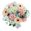 A pastel daydream comes alive in this bouquet, its soft pink roses unfolding silky petals amid a swirl of creamy peach Gerberas and the delicate haze of gypsophila. The entire composition sits elegantly against a pure white background, as if illuminated by the gentle light of a Clerkenwell studio at dawn. Between the larger flowers, petite white chrysanthemums nestle-some gleaming with bright, lime-green centers that impart a lively note reminiscent of awakening gardens along Farringdon Road. Wisps of feathery baby's breath add a cloud-like, ethereal texture, blurring the edges and casting the whole piece in a soft, poetic glow. Dark green foliage meanders through the bouquet's base, suggesting the lush, urban greenery of Spa Fields Park. In the lower right corner, a crisp white tag reads 'Happy Flowers' in cheerful green and pink script, infusing the arrangement with a heartfelt flourish. Each bloom is thoughtfully placed to evoke both celebration and tranquility, making this bouquet suited for birthdays, kind gestures, or moments of encouragement. Borrowing inspiration from the creative spirit of Clerkenwell, this arrangement fuses classic romance with modern artistry-a floral testament to a neighborhood known for its blend of history, heart, and local connection.