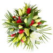 Seen from a soft overhead angle against a clean white backdrop, this carefully mounded sympathy bouquet reads as a composed study in contrast and comfort. At its heart are about a dozen deep, velvety red roses-each bloom full and layered, their petals curling inward with a timeless, consoling richness-placed to punctuate the arrangement with moments of dignified colour. Surrounding and cradling the roses is a generous population of white and cream lilies, many still elongated pale yellow-green buds, their tapered forms suggesting restraint and quiet hope; one large pristine lily has opened fully near the lower right, a trumpet of creamy white petals revealing pale yellow stamens that offer a single bright, gentle focal point. The flowers rest in a dense tapestry of green: broad glossy leaves give structural weight, slender palm-like fronds fan out to create graceful movement, and clusters of muted silver-green eucalyptus lend a cool, soft texture that soothes the eye. The lighting is clear and daylight-bright, allowing subtle veins, velvets and satiny petals to read vividly against the neutral background. There is an understated scent you can almost imagine-the clean, green note of lilies mingling with the low, warm spice of roses-creating a calm, respectful mood appropriate for remembrance or condolence. As a local florist might note while preparing tributes for services around Clerkenwell and nearby Smithfield, the composition balances tradition and modern texture: a bouquet designed to offer comfort, express sympathy, and stand respectfully beside a coffin or memorial table without overpowering the moment.