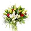 A studio-styled bouquet that reads as a quiet declaration of romance: a single, large creamy-white oriental lily opens proudly at the center, its smooth, slightly curved petals framing pale yellow stamens and a light green pistil like a soft punctuation mark. Around it, dozens of tightly furled lily buds in lime-green and buttery yellow suggest movement and promise, while clusters of velvety red rosebuds tuck in among the lilies, their deep crimson tight spirals offering bold, passionate counterpoints. The composition is built on layers of green - broad, dark forest-green leaves that anchor the grouping, lighter emerald palm fronds that arc and cascade to give a sense of sweep, and rounded silvery eucalyptus leaves that cool the palette with a muted sheen. Everything sits in a clear cylindrical glass vase; the pale green stems are visible beneath the surface of fresh water, lending the arrangement a clean, botanical honesty. Photographed against a pristine white backdrop, the colours read bright and true: the lily's cream, the roses' scarlet, and the many greens resolving into texture and depth. Imagine a soft floral perfume - powdery lilies lifted by the warmer, sweeter breath of roses - and you have the sensory echo this image invites. This bouquet feels equally suited to an intimate anniversary or as a thoughtful centrepiece for a celebratory table in a Clerkenwell home near Exmouth Market, where seasonal flowers are treasured for both beauty and meaning. The overall effect is refined, fresh, and quietly exuberant, a composition that speaks of care and enduring affection.
