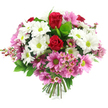 Set against a clear white background, this rounded hand-tied bouquet appears fresh and inviting, its colours and textures working together to create a sense of thoughtful celebration. Two prominent deep red roses form the focal point, their tightly spiralled petals rich and velvety, evoking heartfelt emotion and classic romance. Surrounding them is a generous cluster of white daisy-like chrysanthemums, every bloom accented by a vivid lime-green centre that brings a lively, modern touch, echoing the contrast of greenery against Clerkenwell's brick and stone architecture. Woven between the white flowers are soft to medium pink daisy-style blooms, also with bright green eyes, which add warmth and a cheerful, contemporary feel, making the bouquet as suitable for a creative studio near Exmouth Market as for a quiet home just off St John Street. Fine sprays of pale pink waxflowers meander through the design, their tiny star-shaped blossoms introducing subtle detail and an almost whimsical, garden-like charm. Lush green foliage frames and supports the flowers, from broad glossy leaves to lighter, more delicate greenery that adds depth and a sense of movement. The stems at the base are neatly trimmed and bound, clearly showing this is a professional hand-tied arrangement ready to be placed into a favourite vase on a desk, dining table, or bedside. The even lighting allows the reds, whites, pinks, and greens to appear true and vibrant, communicating joy, affection, and gratitude. This bouquet feels ideal for birthdays, anniversaries, thank-you gifts, or welcoming a new client or colleague in EC1, reflecting the calm yet creative energy that characterises Clerkenwell.