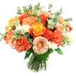 Against a clear, brilliant white background a hand-tied bouquet sits upright, a compact globe of sunlit colour that feels like a small celebration. The arrangement is densely packed with large, open roses in shades from deep, fiery orange to radiant golden yellow, their velvety petals spiraling inward as if holding a warm secret. Around them, coral and peach carnations offer a softer, ruffled texture-an abundance of frilly petals that push gently against the roses to create volume and playful movement. Cheerful gerbera daisies punctuate the design with flat, radiating faces in soft peach-pink and brighter orange, each with a slightly recessed yellow-green eye that draws the gaze inward. Scattered clusters of tiny white filler blooms-reminiscent of freesia or small spray flowers-brighten the bouquet like scattered pearls, while delicate, Astrantia-like pale green clusters add a feathery, airy note that softens the composition.
Silvery-green eucalyptus leaves are woven throughout, their rounded, muted foliage giving cool contrast and a subtle aromatic lift when the bouquet is held close. The stems are neatly gathered and tied at the base, signalling a fresh, hand-tied design ready for vase display or same-day delivery across Clerkenwell. In soft natural light the colours read like a captured sliver of late summer-warm, uplifting and quietly elegant. As a local florist would say, this arrangement carries the tactile pleasures of velvety rose heads, scalloped carnation petals and crisp eucalyptus; it suits birthdays, thank-you gestures, autumnal centrepieces or simply brightening a kitchen table near Exmouth Market or St John Street.