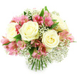 A lush hand-tied bouquet sits against a spotless white background, showcasing a harmonious mix of creamy white roses, pink alstroemeria, and delicate white baby's breath. The roses are the stars of the arrangement, their generous, velvety petals spiralling out from subtly warm, pale yellow centres into soft ivory edges, giving each bloom a luminous, romantic presence. Intermixed throughout are abundant stems of pink alstroemeria, each bearing several trumpet-shaped flowers whose petals blend shades of blush, rose, and fuchsia, animated by fine burgundy streaks and tiny freckles that suggest movement and liveliness. Between the larger blooms, clouds of tiny white gypsophila blossoms create a gentle haze, filling spaces and softening lines so the bouquet feels full yet wonderfully light. Rich green foliage weaves around and beneath the flowers, its slightly glossy surface catching glints of light and providing a fresh contrast to the pastel tones. At the bottom, the cut stems are tightly gathered and clearly visible, revealing a classic, rounded hand-tied design ready to slide into a favourite vase on a Clerkenwell kitchen table. The lighting is even and bright, as if the bouquet has been placed near a sunlit window overlooking St James's Walk, making every petal and leaf appear crisp, fresh, and just-arrived from the florist. The composition radiates quiet celebration and heartfelt sincerity, perfectly suited to same-day delivery for anniversaries, thoughtful thank-yous, or simple thinking of you moments shared with friends and family around Clerkenwell, Farringdon, and the surrounding EC1 streets.