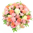 A round, abundant bouquet of pastel roses and spray carnations is captured against a spotless white background, its flowers arranged so densely that they form a smooth, domed canopy of petals. The design feels both modern and romantic, much like a stylish Clerkenwell apartment decorated for a special occasion. Dominating the composition are large roses, fully open and velvety, their petals swirling outwards in warm shades of peach, coral, and salmon pink. These are interspersed with roses in creamy white and the faintest lemony yellow, lending a fresh, luminous quality that brightens the entire bouquet. Tucked between the larger blooms, dozens of smaller light pink spray carnations gather in cushioned clusters, their intricate, frilled edges bringing a delicate, almost lace-like texture to the arrangement. Subtle touches of green foliage, with slim, pointed leaves, appear at the edges and between blossoms, adding a whisper of garden greenery without disturbing the pastel harmony. The container itself-a hidden hatbox or low bowl-is nearly invisible, so the viewer experiences the bouquet as a pure sphere of colour and softness. Bright, balanced lighting gently illuminates every petal, revealing the smooth surface of the roses and the soft ruffles of the carnations in fine detail. This arrangement conveys joy, tenderness, and refined celebration, evoking scenes such as a Mother's Day brunch near Exmouth Market, a heartfelt congratulations gift delivered to an office by St John Street, or a quiet gesture of comfort sent to a friend living close to Clerkenwell Green. It is a bouquet that feels intimate, thoughtful, and effortlessly elegant.