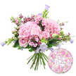 A lush, hand-tied birthday bouquet is presented on a pristine white background, as though ready to be delivered to a townhouse off Clerkenwell Green or a studio near Exmouth Market. The arrangement centres on large, rounded hydrangea blooms in a soft, blush pink, their countless tiny petals creating a cushiony, cloud-like effect that immediately draws the eye. Nestled within this gentle pink cloud are classic soft pink roses, some with petals fully unfurled into romantic spirals, others still in bud, which lends a feeling of unfolding celebration over the days around the birthday itself. Scattered delicately throughout the bouquet are clusters of smaller, vivid fuchsia or magenta blossoms-waxflower or a similar filler-adding speckles of deeper colour and a fine, intricate texture that dances between the larger blooms. Upright, bell-shaped campanula flowers in lavender and light purple bring a vertical rhythm, their curved trumpets catching the light and cooling the palette with subtle bluish undertones. Fresh green foliage encircles and threads among the flowers, from broader, more solid leaves to slim, slightly arching fronds, giving the whole design a natural, just-gathered-from-the-garden character that would look at home in one of Clerkenwell's modern apartments. The stems are neatly gathered and visible at the base, emphasising the bouquet's hand-tied construction and professional finish. To the lower right, a round, gently gleaming birthday balloon adds a playful yet elegant accent: its surface covered with a delicate floral print of tiny roses and buds in harmonising pink, cream, and lilac hues, and an ornate Happy Birthday greeting scripted across the centre. This pairing of bouquet and balloon forms a complete, joyful birthday gesture, well suited to same-day flower delivery around Clerkenwell, Farringdon, and the surrounding creative quarter.