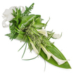 A serene, elongated floral sheaf composed for quiet elegance, photographed against a pure white background so every texture reads clearly. Multiple creamy white Calla lilies (Zantedeschia aethiopica) form the visual spine: their sculptural, trumpet-shaped blooms arc gently downwards and to the right, the waxy petals catching a soft, diffuse light that reveals subtle shadows and the lilies' smooth curvature. Surrounding the lilies is a layered chorus of greens - broad, glossy tropical leaves folded and curled to build volume at the lower right, slender grass-like blades that sweep outward to suggest movement, and delicate, feathery fern fronds that peek from behind like soft, dark green lace. Variegated striped leaves with white flashes brighten the centre, their crisp lines offering contrast to the lilies' sculptural simplicity, while clusters of tiny, pale green leafy sprigs create a frothy, herbaceous filler that softens transitions between larger elements. A large off-white linen or burlap bow anchors the top-left, its woven texture introducing a tactile, handcrafted note. The composition is angled from top-left to bottom-right, emphasizing a linear, contemporary silhouette that reads equally well as a sympathy tribute or a refined bridal accent. There is no visible vase; the arrangement is presented as a hand-tied cascade, its clean lines and natural materials evoking calm and dignity. The overall impression is one of restrained sophistication and comforting purity - the quiet language of white flowers and green foliage that feels familiar to Clerkenwell's calm corners near Exmouth Market and St John's Gate.