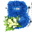 A refined funeral tribute in the form of a capital letter B fills the image, constructed from a dense bed of royal blue chrysanthemums that sit atop a discreet white base. Each bloom is carefully placed, their soft, layered petals creating a richly textured surface that moves through shades of deep blue, almost like reflections of late evening light on wet pavements near Exmouth Market. A border and inner line of smooth white satin ribbon trace the outline of the letter, giving it sharp definition and a gentle, tailored finish that lifts it away from the white background. At the lower left curve of the B, an accent spray provides a softer focal point, featuring creamy white roses and small white spray chrysanthemums. The roses are at different stages of bloom, from tight buds to partially opened flowers, suggesting a journey of life remembered with affection. The dainty chrysanthemums, resembling miniature daisies, add flecks of brightness and a fine, lace-like detail. Encircling this cluster is an assortment of greenery - feathery ferns and broader, slightly variegated leaves - which fan out to create depth and a natural, garden-inspired feel, much like the pockets of green found around Clerkenwell Green and nearby side streets. This floral letter would sit beautifully beside a coffin or at the front of a chapel, representing a loved one's initial with dignity. The cool blues, crisp whites, and fresh greens come together to express peace, remembrance, and the quiet care of a local florist who understands how important a meaningful tribute can be to families in Clerkenwell.