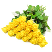 A lush spray of about two dozen yellow roses rests gently across a bright white background, the composition captured with the clarity of a studio portrait yet infused with the warmth of a neighbourhood florist's touch. The rose heads are clustered together in a loose, natural arc, facing outward so that the viewer can almost trace each spiral of petals from the tightly wound centre to the softly curling outer edges. Shades of sunny yellow and soft gold intermingle, creating a luminous effect reminiscent of late afternoon light spilling across Clerkenwell rooftops. Surrounding the blooms, generous clusters of dark green leaves form a rich frame, their slightly glossy surfaces catching subtle highlights while deeper shadows gather between them, adding dimension and calm. Slender, pale green stems extend toward one corner, neatly aligned and hinting at a hand-tied bouquet just set down for a moment of contemplation. The stark white background strips away any distraction, placing full attention on the serene beauty of the roses and foliage. There is an underlying brightness to the scene, yet it is tempered by softness, making these flowers feel especially suitable for a thoughtful sympathy tribute-something that offers comfort and a quiet reminder of shared memories. The arrangement suggests the expertise of a local Clerkenwell florist, used to creating understated, elegant condolences for families along Rosebery Avenue and around Farringdon. Every petal and leaf contributes to a message of gentle support, making this image a fitting visual for memorial services, condolence messages, or remembrance offerings where warmth and respect are equally important.