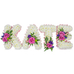 A freestanding floral tribute that spells out the name KATE, each of the four capital letters crafted from a dense carpet of pristine white chrysanthemums that read as soft, almost plush surfaces under the eye. A pale pink satin ribbon traces the outer and inner edges of every letter, catching the light with a faint shimmer that gives the composition a gentle, comforting blush against the clean white backdrop. Carefully placed accent clusters punctuate each letter: large velvety fuchsia-pink roses and smaller pastel pink spray roses sit with sprigs of deep purple or blue flowers-likely statice or small lisianthus-so the pinks and purples strike a vivid contrast against the white chrysanthemum base. Greenery - delicate fern fronds and smooth, rounded eucalyptus leaves - frames each cluster, adding cool, silvery-green textures that soften the overall silhouette. On the K a prominent cluster settles along the diagonal stroke; the A carries its arrangement near the lower right curve; the T hosts blooms close to its base; while the E features two distinct clusters on the middle bar and the lower arm, creating a balanced rhythm across the name. The arrangement's scent is faintly floral and powdery, the chrysanthemums' mild sweetness underscoring the richer rose perfume. Presented upright and evenly spaced, the piece reads as a personalized memorial or sympathy tribute suitable for a funeral, celebration of life, or graveside service, offering both dignity and tenderness. From a local florist's perspective it's the kind of bespoke lettering we might prepare for families in Clerkenwell, chosen for its clear symbolism and quietly expressive beauty.