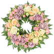 A large, circular sympathy wreath of roses is shown against a clean, white background, its calm simplicity allowing the rich detail of every bloom to be clearly seen. The form is perfectly round and generously filled, with no empty spaces, giving the impression of a continuous embrace made of petals and leaves. Spacious, open roses in shades of creamy ivory, soft blush pink, gentle peach, and buttery yellow are the main focus, their full heads gently cupped and slightly overlapping. Interspersed among them are distinctive dusty lavender and muted mauve roses, adding a subtle, vintage elegance that calls to mind the old brick buildings and quiet courtyards tucked away around Clerkenwell. Dark green fern fronds and leafy greenery weave beneath and around the flowers, peeking out just enough to frame the softer colours and give the design depth and contrast. The textures vary from the smooth, velvety rose petals to the feathery fern leaves, inviting the imagination to feel their different surfaces. The lighting in the photograph is soft and even, casting no harsh shadows, which enhances the feeling of calm and contemplation. This wreath would be at home resting beside a photograph at a memorial gathering, or placed as a central tribute during a funeral service for a Clerkenwell family, its round shape symbolising eternal life and the unbroken circle of memory. The gentle pastel palette and thoughtful arrangement express peace, gratitude, and a quiet, enduring love, making it a comforting visual companion in times of loss.
