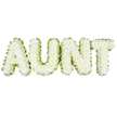 The photograph shows a serene funeral tribute spelling AUNT in four clear, capital letters, each one built entirely from tightly packed white chrysanthemums. The small, rounded blooms sit closely together, creating a cushiony texture that appears soft to the touch, like freshly fallen snow smoothed by careful hands. Every petal is visible, curling gently outward and catching the light in a way that gives the whole piece a calm, luminous quality. Around the outside edge of each letter runs a precise border of vivid green foliage or ribbon, neatly framing the white flowers and lending definition so the word stands out plainly. This contrast of white and green feels fresh and composed, echoing the tranquil greenspaces dotted around Clerkenwell, from local churchyards to quiet corners off Rosebery Avenue. The letters are supported on a subtle horizontal frame, spaced evenly so AUNT reads clearly at a glance, whether viewed up close or from across a chapel aisle. The white background in the image removes any distraction, allowing full attention to rest on the gentle symbolism of purity, remembrance, and gratitude embodied in the flowers. You can imagine this tribute set alongside other sympathy wreaths and sprays at a local service, a silent yet eloquent message from those who loved her. The arrangement speaks of steady affection and respect, a final floral farewell for an aunt whose guidance, kindness, and stories remain woven into the everyday life of her family and the Clerkenwell community she knew so well.