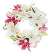 This serene and elegant funeral wreath, artfully designed in Clerkenwell, is set against a flawless white background that accentuates each carefully chosen flower. Large, trumpet-shaped white lilies serve as the focal point, their luminous petals and subtle green stamens a symbol of purity and peace delicately interpreted for local memorial traditions. Interspersed among them are dramatic star-shaped lilies in vibrant fuchsia-pink, each bloom marked with darker magenta speckles, providing effervescent color and depth. Beneath the grandeur of these lilies, clusters of blush pink and creamy white roses nestle, their velvety textures and softly curled petals inviting quiet contemplation. Gentle sprigs of pale green foliage peek through the arrangement, sparingly used to highlight shape and add natural flow, reminiscent of tranquil walks through Spa Fields. The densely woven, unbroken circle evokes the perennial rhythms of life and community, offering solace and remembrance to grieving families across Clerkenwell. With every flower placed in perfect harmony, this floral tribute delivers a message of heartfelt sympathy and unyielding respect.