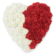 An overhead portrait of a densely packed heart-shaped arrangement made entirely of fresh carnations, presented against a bright white background so every petal reads clearly. The composition is split down the middle into two distinct colour fields: the left side is a snowy, creamy white of tightly ruffled carnation heads, their layered, crinkled petals forming a plush, almost cushion-like surface; the right side is a deep, velvety red carnation carpet, rich in tone and warmth. The two halves meet along a deliberate, vertically serrated line that echoes the stepped, saw-tooth edge found on certain national flags - here suggesting an emblematic reference to Bahrain with a series of pointed triangular separations that feel both formal and heartfelt. Soft, cool daylight seems to fall from above, picking out the subtle cream undertones in the white blooms and giving a gentle sheen to the crimson petals, while the faint, spicy scent of fresh carnations would be expected to hover over the piece. The arrangement's texture is tactile in the mind: tightly layered, ruffled, and abundant, conveying care, dignity and unity. As a local florist's creation intended for ceremonial use, memorials, or national celebrations in and around Clerkenwell, Exmouth Market and Smithfield, it reads as both a symbol of affection and a precise, respectful tribute. The workmanship is meticulous - each carnation positioned to maintain the heart silhouette and the jagged central motif - so the overall impression is one of thoughtful, community-rooted reverence and seasonal freshness for delivery across Clerkenwell and nearby streets.