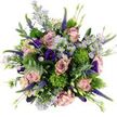 Photographed from directly above against a bright white background, this bouquet appears as a rich, rounded cluster of carefully chosen blooms, each flower blending seamlessly into the next. The most prominent are the roses, opening generously in shades of soft blush, dusty pink, and gentle mauve, their silky petals curling outward in graceful spirals that suggest tenderness and care. Interlaced with these are sumptuous lisianthus flowers in deep purples, their ruffled, bell-shaped heads adding drama and shadow, much like the shifting light along the side streets off Clerkenwell Green on an overcast afternoon. Slender spikes of vivid purple veronica pierce through the softer shapes, adding height, texture, and a sense of movement that keeps the eye circling around the bouquet. Scattered near the top are airy sprays of lavender asters, each tiny, daisy-like bloom with a bright yellow centre giving the arrangement a joyful, almost dancing quality. Nestled throughout, compact spheres of vibrant, almost chartreuse green flowers introduce a playful, moss-like texture, creating contrast against the smoother petals and deep tones. Silvery eucalyptus leaves, softly rounded and slightly frosted in appearance, weave gently through the design, their cool green shades framing the flowers and suggesting a clean, refreshing fragrance that would suit an elegant Clerkenwell home or studio workspace. Additional greenery and unopened buds tuck into the gaps, adding depth and a sense of life still unfolding. The bouquet as a whole reads as quietly luxurious and deeply thoughtful, perfectly suited for birthdays, romantic gestures, or simply brightening a creative space nearby.