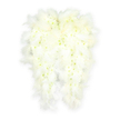 A carefully crafted pair of angel wings, entirely in shades of white, fills this composition with a sense of quiet, comforting presence. The core of each wing is made from a dense bed of tiny white flowers, most resembling miniature chrysanthemums with rounded, layered petals packed so closely that they form a smooth yet textured surface, almost like fine lace or soft snow. If you look closely, you can detect the slightest glimmer of pale green or creamy yellow at the heart of some blooms, a natural hint of colour that enriches the design without disturbing its calm monochrome beauty. Framing this floral core, a ring of white feathers curves along the outline of each wing, the plumes light and fluffy, their edges slightly tousled to suggest softness and movement. These feathers taper gracefully towards the tips, enhancing the familiar wing shape and giving the impression of gentle uplift. The background is clean and bright, allowing the wings to stand out clearly, while the lighting is soft and diffused, highlighting the intricate textures of petals and feathers and casting the faintest shadow beneath them. The overall effect is both spiritual and soothing, a symbol of angels, peace and safe passage for a loved one. It is easy to imagine this arrangement displayed at a memorial service in Clerkenwell, perhaps in a quiet corner near Clerkenwell Green or within a small local chapel, where its purity and craftsmanship can offer solace. The tribute feels like the work of a florist who knows the local community well, and who designs with deep respect for each life being honoured.