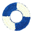 A lifebuoy-shaped funeral wreath sits against a plain white background, its circular form immediately calling to mind safety rings from riverbanks and harbours. The entire ring is made from hundreds of compact, small-headed flowers, likely chrysanthemum-style blooms, packed so closely together that they create a plush, velvety surface with gentle undulations. The wreath is divided into four equal sections, alternating between rich royal blue and clean white. In the top left and bottom right segments, the royal blue flowers form dense panels of strong, maritime colour, each tiny blossom overlapping the next. Opposite them, the top right and bottom left quadrants are filled with equally dense white flowers, giving a fresh, clear contrast that feels calming rather than stark. Around the inner edge, framing the open centre, a narrow band of dark blue ribbon is neatly ruffled, its soft folds echoing waves and reinforcing the nautical symbolism. There is no greenery or extra decoration; the design relies on pure colour blocking and meticulous symmetry, creating a simple yet powerful visual impact. This style of wreath is often chosen by families in Clerkenwell and nearby central London districts to honour a loved one with seafaring connections, naval service, or a personal story tied to water and rescue. It also serves beautifully as a symbolic tribute to someone remembered as a lifeline in difficult times. Under the neutral studio lighting, the blue and white tones remain cool and composed, presenting a dignified memorial piece suitable for funerals, remembrance ceremonies, or river-related farewells.