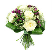 Against a spotless white backdrop, a thoughtfully composed hand-tied bouquet seems to almost float, its blend of white, purple, and green radiating quiet sophistication. At its centre, several large white and cream roses are fully open, revealing densely layered petals that spiral outward with a velvety softness, giving the arrangement an immediate sense of luxury and tenderness. Nestled between these classic blooms are clusters of deep purple and plum alstroemeria, some flowers open wide to show their fine speckles and striped throats, others still gathered tightly in elongated buds, adding both colour contrast and a feeling of gentle anticipation. Light clouds of white gypsophila weave throughout, their tiny blossoms forming a soft, mist-like texture that softens the lines of the larger flowers. Here and there, small, spiky filler blooms-green and pale, echoing astrantia or thistle heads-introduce a tactile, almost wild note that brings extra interest to the design. Encircling the whole crown of flowers is a smooth, structured collar of broad, dark green leaves, folded and curved with care so they hug the base of the blooms like a tailored frame. Below, the freshly cut stems are aligned, straight and vibrant, bound neatly with a green-and-white checked ribbon that suggests both charm and craftsmanship. The lighting is bright and even, much like the natural light that spills into Clerkenwell workshops and studios, highlighting every texture from rose petal to glossy leaf. This serene bouquet would feel at home on a dining table near Farringdon, as a refined thank-you gift for a creative agency off Clerkenwell Road, or as a gentle, consoling arrangement delivered to a quiet flat overlooking the cobbled streets.