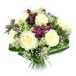 A beautifully composed bouquet is shown in sharp detail against a bright, white background, its rounded form and careful proportions immediately conveying expert floristry. At the centre, numerous creamy white roses open fully, showcasing layered, spiral petals that create a soft, almost satin-like texture. Their calm, neutral tone becomes the canvas for the deeper colours around them. Threading gracefully between the roses are clusters of rich purple and magenta alstroemeria, each flared bloom and speckled petal introducing drama and contrast, like splashes of colour along Clerkenwell Road on a spring morning. Some alstroemeria flowers are just beginning to unfold, lending a sense of freshness and life. Throughout the bouquet, tiny white gypsophila blossoms scatter like fine confetti, lightening the composition and adding gentle movement. Subtle green-white astrantia punctuate the design, their tiny, intricate florets gathered into pincushion heads and framed by papery star-like bracts, bringing a hint of natural meadow charm to the otherwise polished arrangement. Around the base, broad, glossy aspidistra leaves are artfully folded to create a smooth, dark green collar that embraces the stems and accentuates the blooms above. The neatly trimmed stems are gathered closely together, suggesting a hand-tied piece ready to be placed in a favourite vase or delivered as is. This bouquet, as captured here, feels serene yet expressive, suitable for sending to a friend in a Clerkenwell apartment, brightening a modern office near Farringdon, or marking moments of love, remembrance, and quiet celebration.